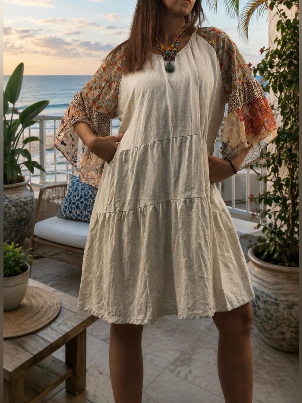 NWT Umgee Mixed Media Tiered Waffle Knit Babydoll Dress 1XL 100% Cotton Boho